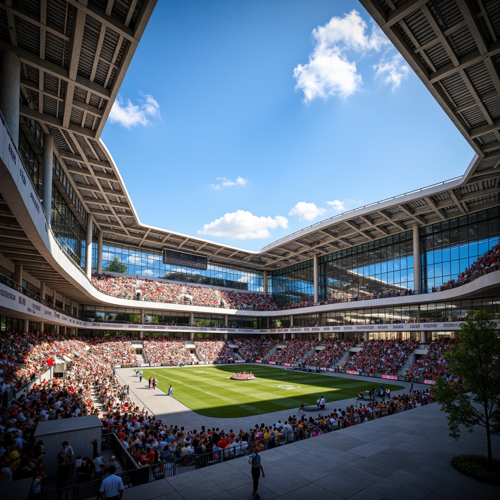 Prompt: Vibrant stadium atmosphere, sleek modern architecture, cantilevered roofs, exposed steel beams, polished concrete floors, retractable seating, dynamic LED lighting, transparent glass facades, angular lines, minimalist design, sustainable energy solutions, solar panels, wind turbines, water conservation systems, green roofs, eco-friendly materials, innovative cooling technologies, shaded outdoor spaces, misting systems, bold color schemes, geometric patterns, textured surfaces, realistic crowd simulations, shallow depth of field, 3/4 composition, panoramic view.