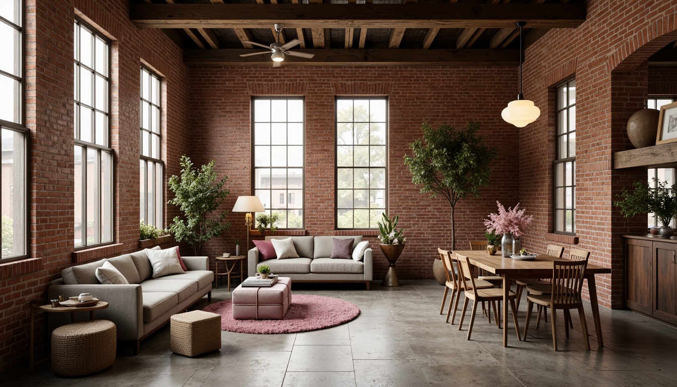 Prompt: Warm industrial loft, exposed brick walls, wooden beams, metal accents, soft warm lighting, cozy atmosphere, rich textiles, plush furnishings, vintage decorative items, distressed finishes, earthy tone color scheme, muted pastels, blush pinks, mauve, sage greens, creamy whites, warm beiges, rustic wood tones, natural stone floors, industrial chic decor, romantic ambiance, intimate setting, soft focus, shallow depth of field, 1/1 composition, realistic textures, ambient occlusion.