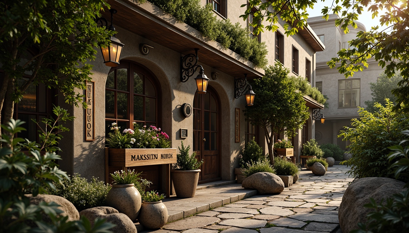 Prompt: Rustic pub exterior, ornate Baroque-style fa\u00e7ade, lush greenery, overflowing flower boxes, distressed wooden accents, vintage lanterns, meandering stone pathways, natural rock formations, moss-covered statues, whimsical topiaries, soft warm lighting, golden hour ambiance, shallow depth of field, 1/2 composition, intimate atmosphere, realistic textures, ambient occlusion.