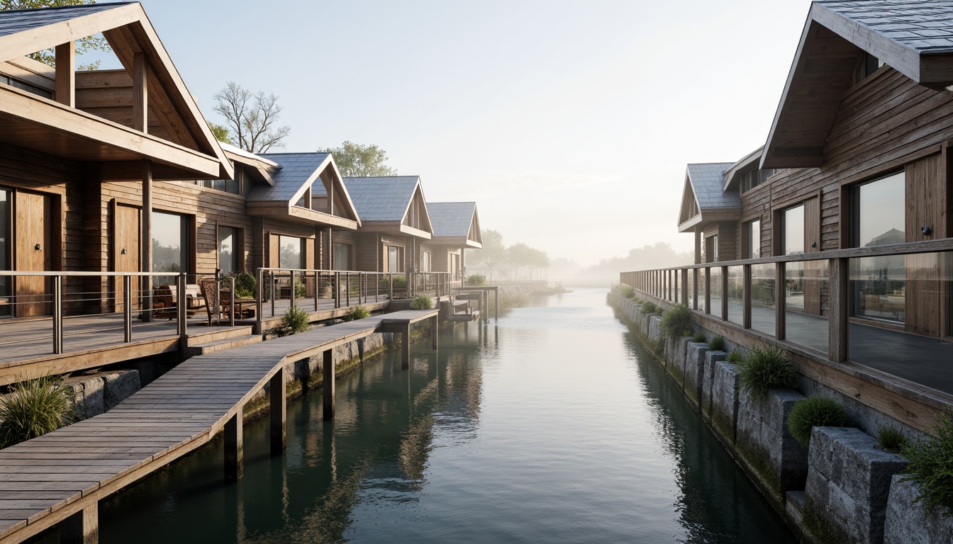 Prompt: Weathered wood accents, rustic metal cladding, nautical rope details, glass railings, wooden dockwalks, sailboat-inspired design, waterfront location, serene lake views, misty morning atmosphere, soft warm lighting, shallow depth of field, 3/4 composition, panoramic view, realistic textures, ambient occlusion, natural stone foundations, reclaimed wood siding, corrugated metal roofs, marine-grade materials, ocean-inspired color palette, driftwood grey tones, sea-salt white hues.