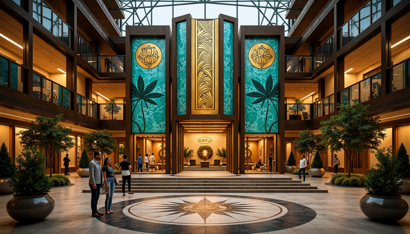 Prompt: Opulent Art Deco monument, lavish golden accents, rich bronze tones, vibrant turquoise mosaics, geometric patterns, ornate metalwork, luxurious marble surfaces, bold black outlines, stylized floral motifs, sunburst designs, zigzag patterns, metallic sheen, warm ambient lighting, shallow depth of field, 1/1 composition, symmetrical framing, high-contrast colors, intricate textures, realistic reflections.