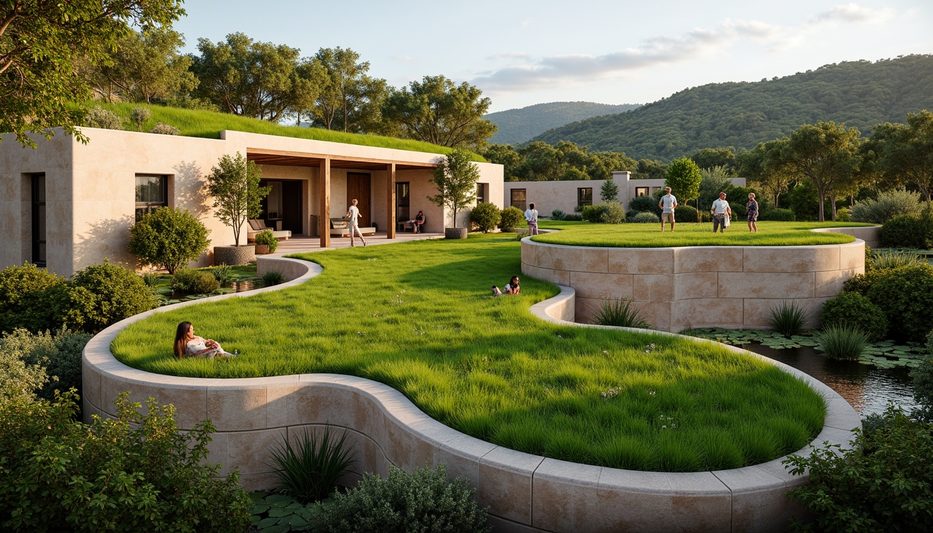 Prompt: Vibrant green roofs, lush vegetation, natural stone walls, reclaimed wood accents, earthy tone buildings, sustainable design, eco-friendly materials, organic shapes, curved lines, minimal ornamentation, soft warm lighting, shallow depth of field, 3/4 composition, panoramic view, realistic textures, ambient occlusion.