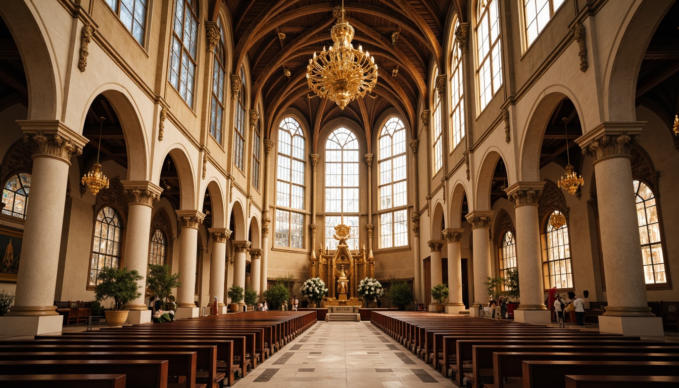 Prompt: Majestic cathedral, ornate stained glass windows, golden accents, rich wood tones, cream-colored stone walls, intricate carvings, vaulted ceilings, grandiose chandeliers, soft warm lighting, subtle shadows, 1/1 composition, symmetrical architecture, classical columns, arches, domes, subtle texture overlays, realistic reflections, ambient occlusion.