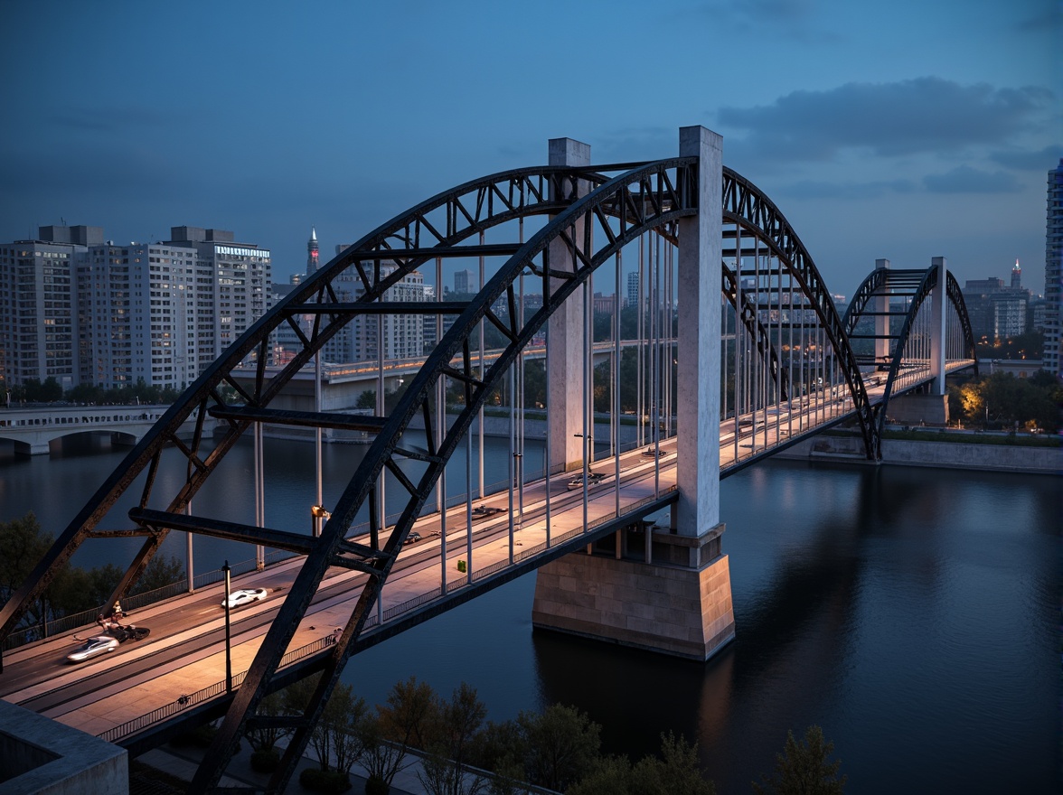 Prompt: Futuristic bridge design, sleek metal arches, durable steel cables, reinforced concrete pillars, weathered stone foundations, modern suspension systems, dynamic lighting installations, misty atmospheric effects, shallow depth of field, 1/1 composition, panoramic view, realistic textures, ambient occlusion, urban cityscape, busy highway traffic, vibrant nighttime illumination, soft warm glow, innovative engineering solutions, sustainable building practices, eco-friendly materials, intricate geometric patterns.