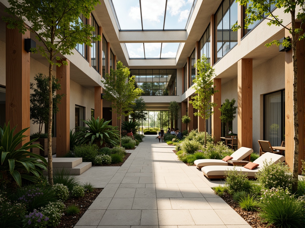 Prompt: Vibrant atrium, lush greenery, natural stone walls, wooden accents, floor-to-ceiling windows, clerestory windows, skylights, open floor plans, minimalist decor, earthy color palette, warm beige tones, soft diffused lighting, indirect sunlight, ambient shadows, 1/1 composition, shallow depth of field, realistic textures, subtle reflections.