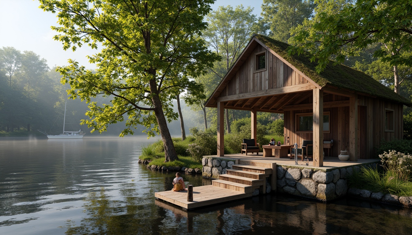 Prompt: Rustic wooden boathouse, weathered planks, distressed finishes, natural stone foundations, moss-covered roofs, serene lake surroundings, calm water reflections, lush greenery, overhanging trees, warm sunlight filtering, soft misty atmosphere, shallow depth of field, 1/2 composition, realistic textures, ambient occlusion, wooden dock, nautical ropes, sailboat moorings, aquatic life, subtle color palette, earthy tones, natural materials, cozy interior ambiance.