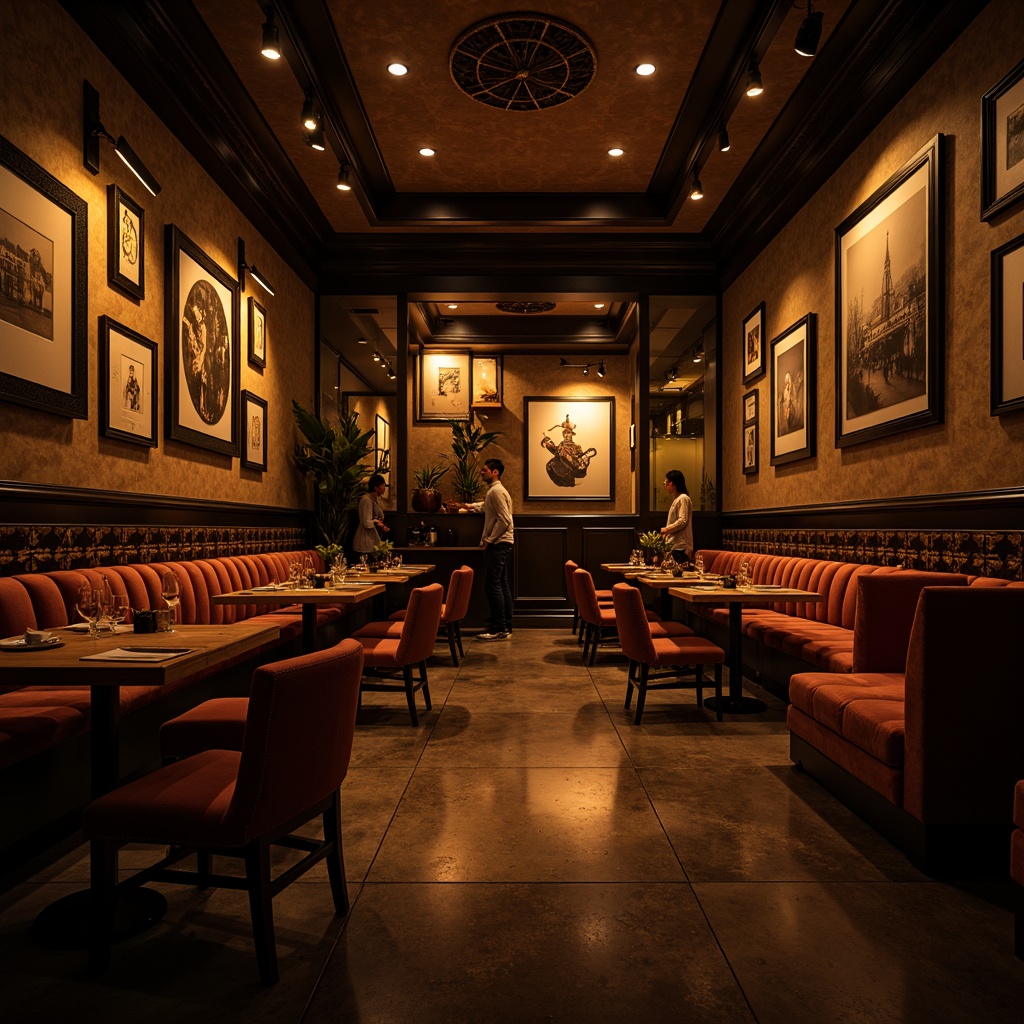 Prompt: Moody restaurant interior, warm golden lighting, soft shadows, dramatic spotlights, rich wood tones, luxurious velvet fabrics, ornate metal fixtures, eclectic art pieces, vintage decorative items, distressed textures, warm color palette, intimate ambiance, low-key illumination, cinematic atmosphere, 1/2 composition, shallow depth of field, realistic reflections, ambient occlusion.