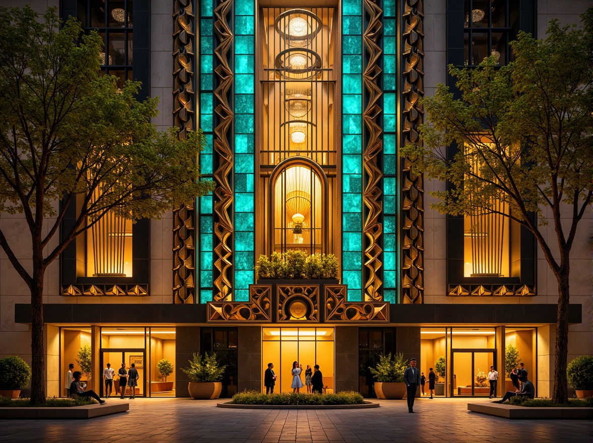 Prompt: Opulent Art Deco monument, lavish golden accents, rich bronze tones, vibrant turquoise mosaics, geometric patterns, ornate metalwork, luxurious marble surfaces, bold black outlines, stylized floral motifs, sunburst designs, zigzag patterns, metallic sheen, warm ambient lighting, shallow depth of field, 1/1 composition, symmetrical framing, high-contrast colors, intricate textures, realistic reflections.