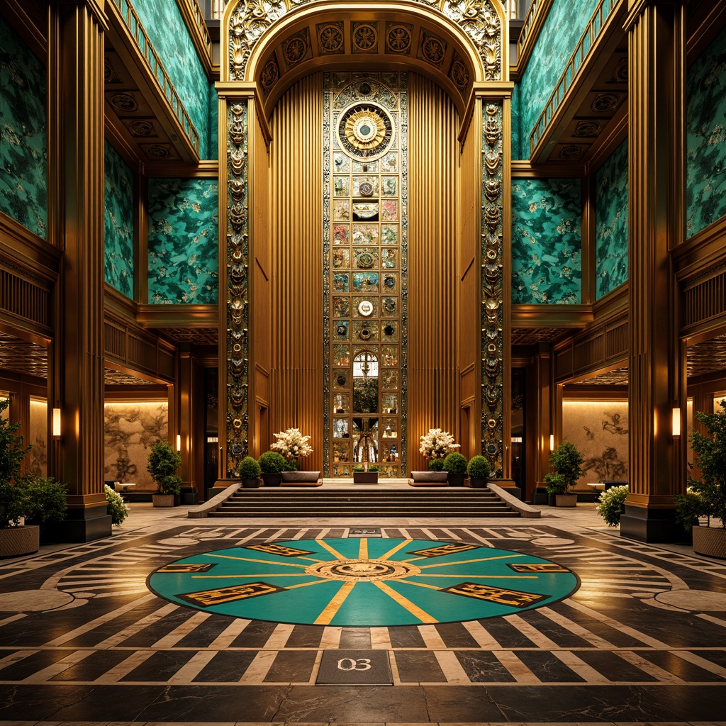 Prompt: Opulent Art Deco monument, lavish golden accents, rich bronze tones, vibrant turquoise mosaics, geometric patterns, ornate metalwork, luxurious marble surfaces, bold black outlines, stylized floral motifs, sunburst designs, zigzag patterns, metallic sheen, warm ambient lighting, shallow depth of field, 1/1 composition, symmetrical framing, high-contrast colors, intricate textures, realistic reflections.