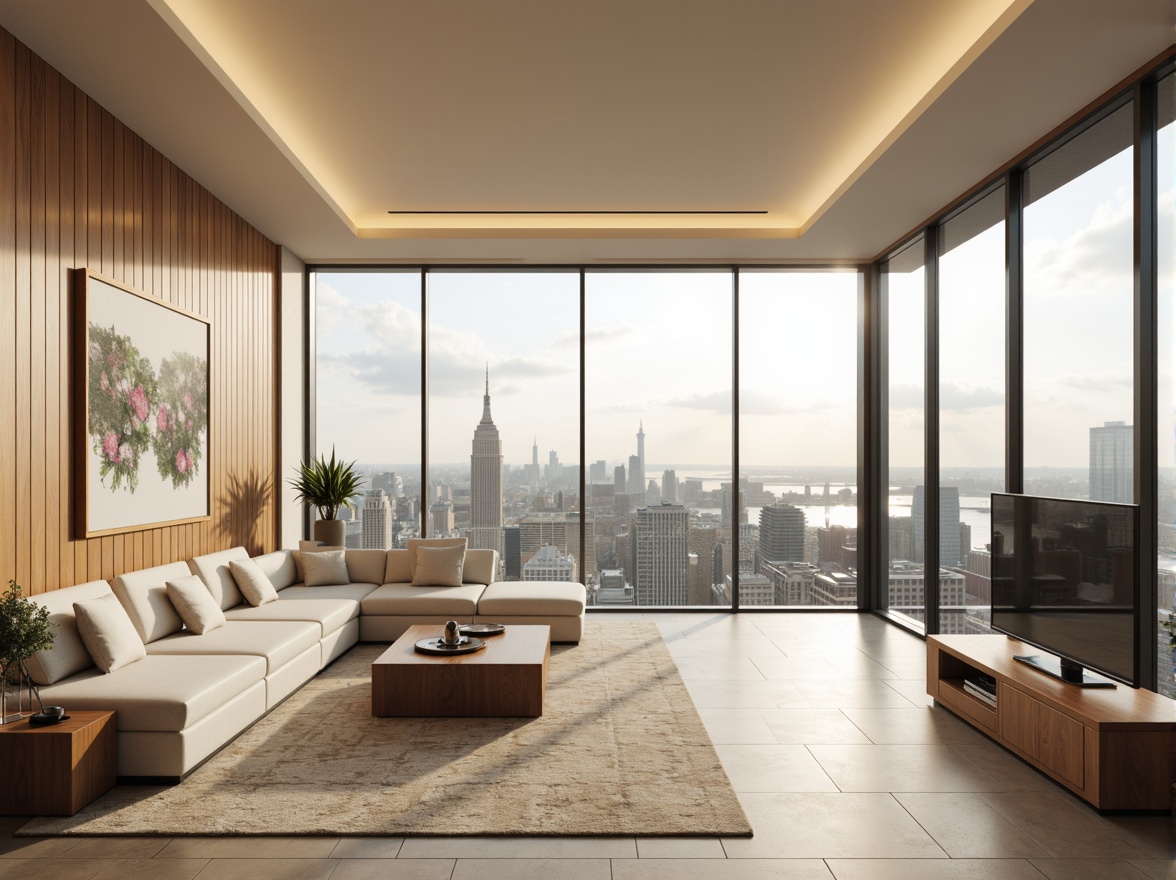 Prompt: Luxurious penthouse, modern minimalist decor, neutral color scheme, creamy whites, rich woods, metallic accents, floor-to-ceiling windows, breathtaking city views, soft warm lighting, 1/1 composition, shallow depth of field, realistic textures, ambient occlusion.