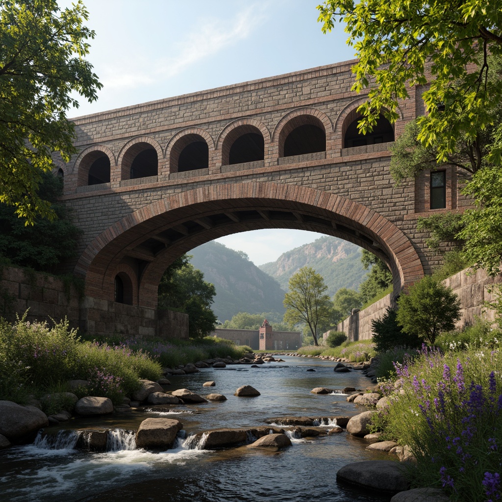 Prompt: Rustic stone bridges, arched structures, robust masonry, weathered brick facades, ornate stonework, sturdy piers, majestic arches, rough-hewn stones, earthy tones, natural textures, dramatic lighting, misty atmosphere, serene water flow, tranquil riverbanks, lush greenery, vibrant wildflowers, warm sunny day, soft diffused light, shallow depth of field, 3/4 composition, realistic stone details, ambient occlusion.