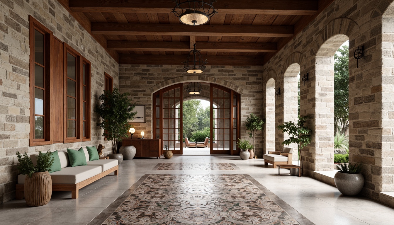 Prompt: Rustic stone walls, rough-hewn wooden beams, polished marble floors, metallic accents, translucent glass facades, weathered copper cladding, tactile brick surfaces, smooth concrete finishes, intricate mosaic patterns, ornate ceramic tiles, natural fiber textiles, ambient lighting, soft shadows, 1/1 composition, realistic reflections, detailed normal maps.