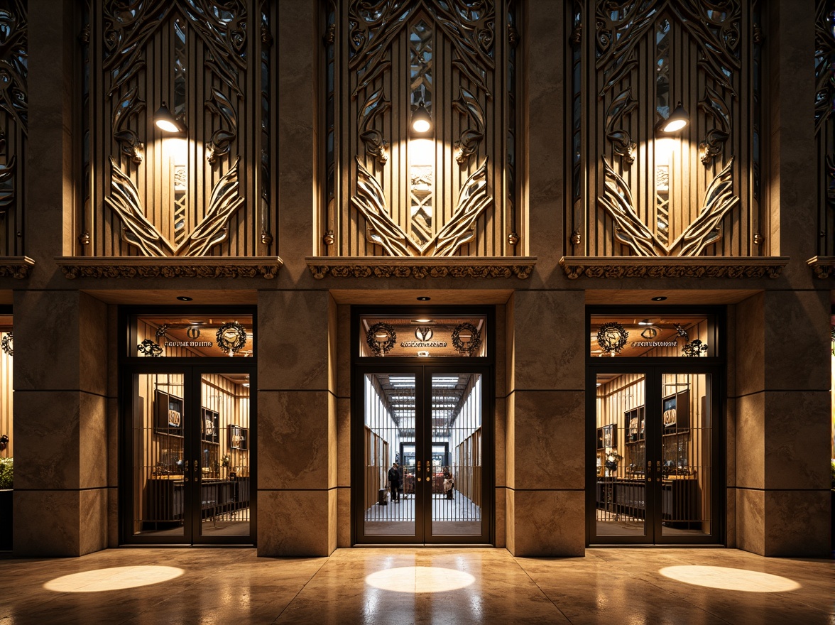 Prompt: Geometric factory facade, Art Deco patterns, metallic materials, industrial chic, ornate decorations, symmetrical composition, bold typography, vintage machinery, exposed brick walls, steel beams, polished concrete floors, grand entrance gates, dramatic spotlights, warm golden lighting, low-angle shot, 1/2 composition, realistic reflections, ambient occlusion.