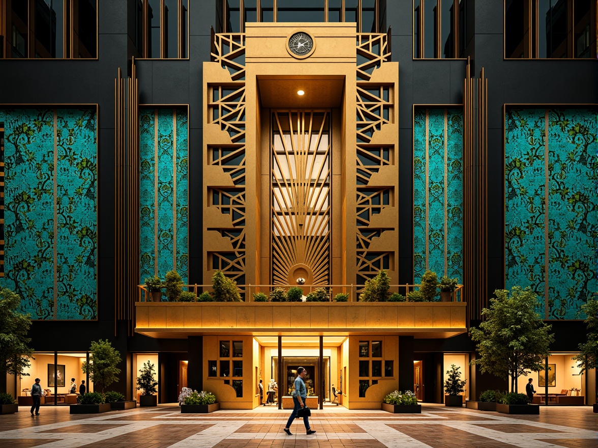 Prompt: Opulent Art Deco monument, lavish golden accents, rich bronze tones, vibrant turquoise mosaics, geometric patterns, ornate metalwork, luxurious marble surfaces, bold black outlines, stylized floral motifs, sunburst designs, zigzag patterns, metallic sheen, warm ambient lighting, shallow depth of field, 1/1 composition, symmetrical framing, high-contrast colors, intricate textures, realistic reflections.