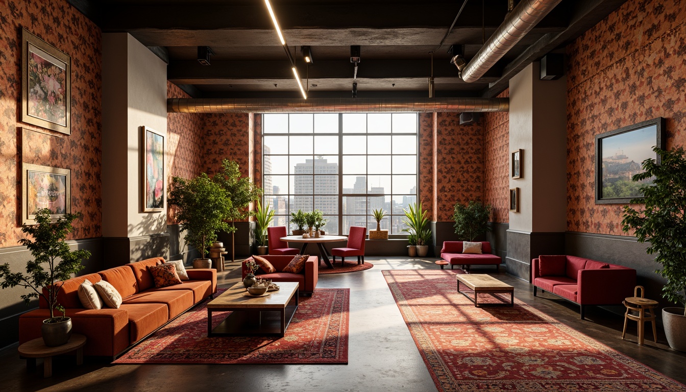 Prompt: Luxurious loft interior, Art Deco inspired patterns, rich velvet fabrics, metallic accents, ornate geometric motifs, bold colorful textiles, plush area rugs, statement lighting fixtures, sleek wooden floors, high ceilings, industrial chic atmosphere, urban cityscape views, warm golden lighting, shallow depth of field, 1/1 composition, realistic textures, ambient occlusion.