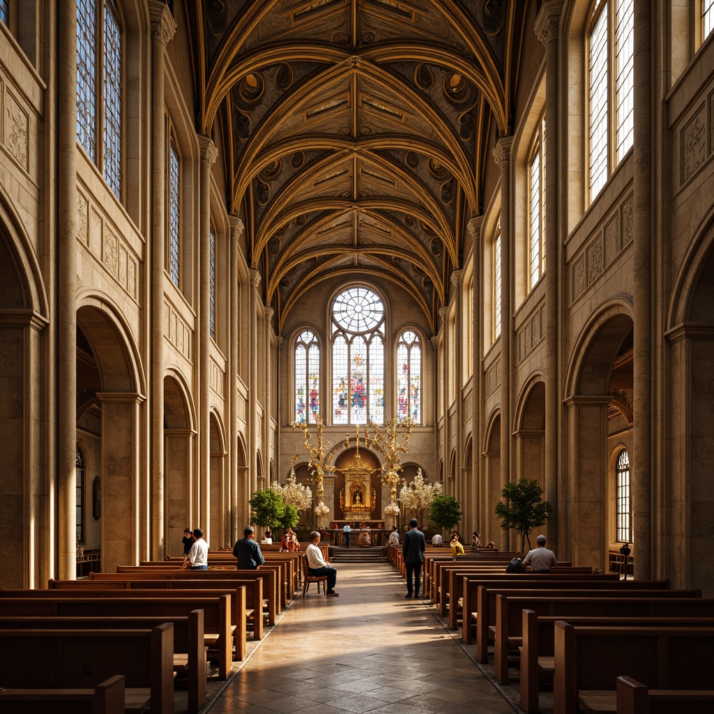 Prompt: Majestic cathedral, ornate stained glass windows, golden accents, rich wood tones, cream-colored stone walls, intricate carvings, vaulted ceilings, grandiose chandeliers, soft warm lighting, subtle shadows, 1/1 composition, symmetrical architecture, classical columns, arches, domes, subtle texture overlays, realistic reflections, ambient occlusion.