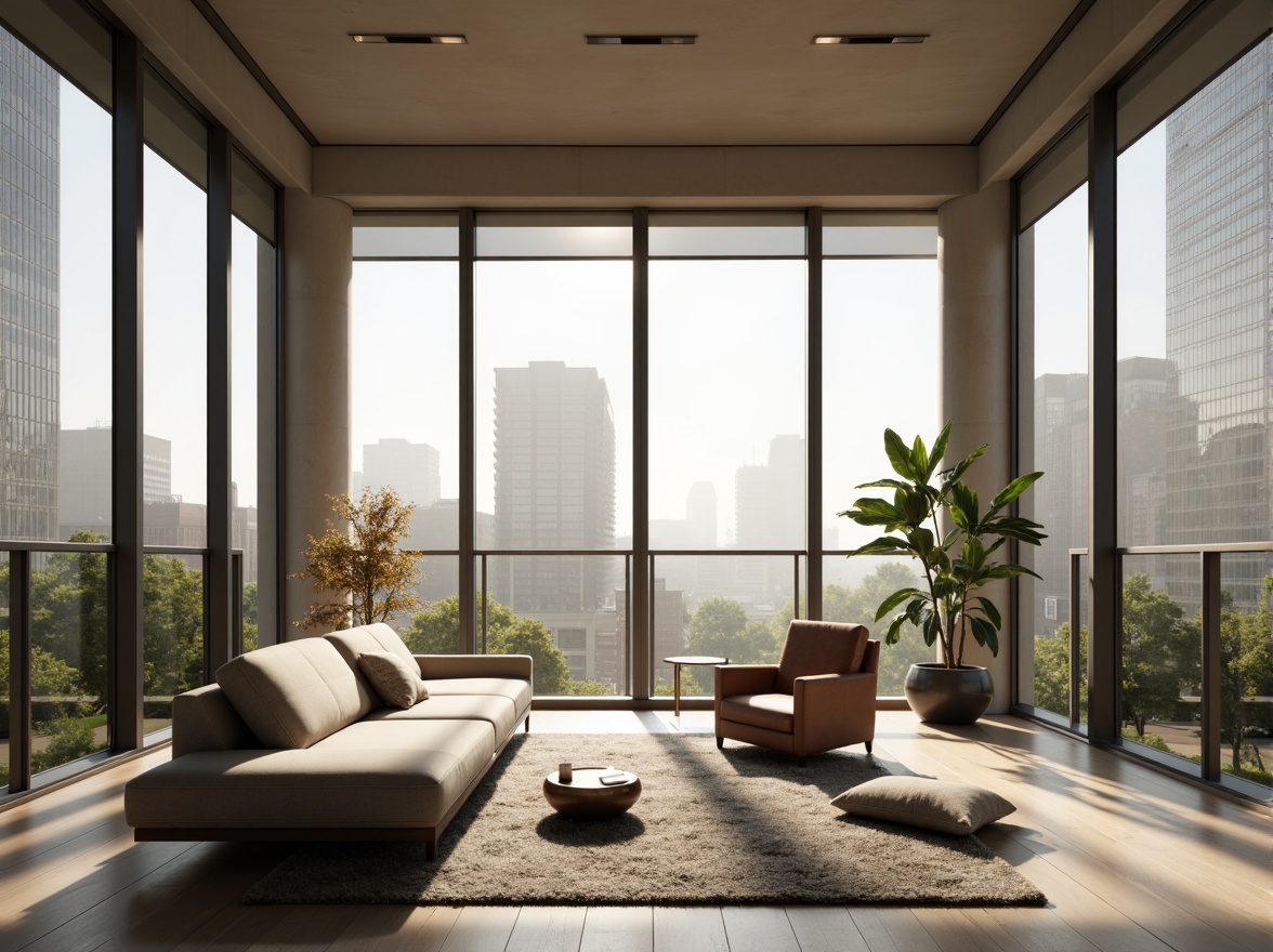 Prompt: Minimalist living room, floor-to-ceiling windows, sleek metal frames, automated blinds, solar shades, thermal insulation, energy-efficient glazing, soundproofing technology, urban cityscape views, morning sunlight, soft warm lighting, shallow depth of field, 3/4 composition, panoramic view, realistic textures, ambient occlusion, modern interior design, luxurious fabrics, subtle patterns, metallic accents.