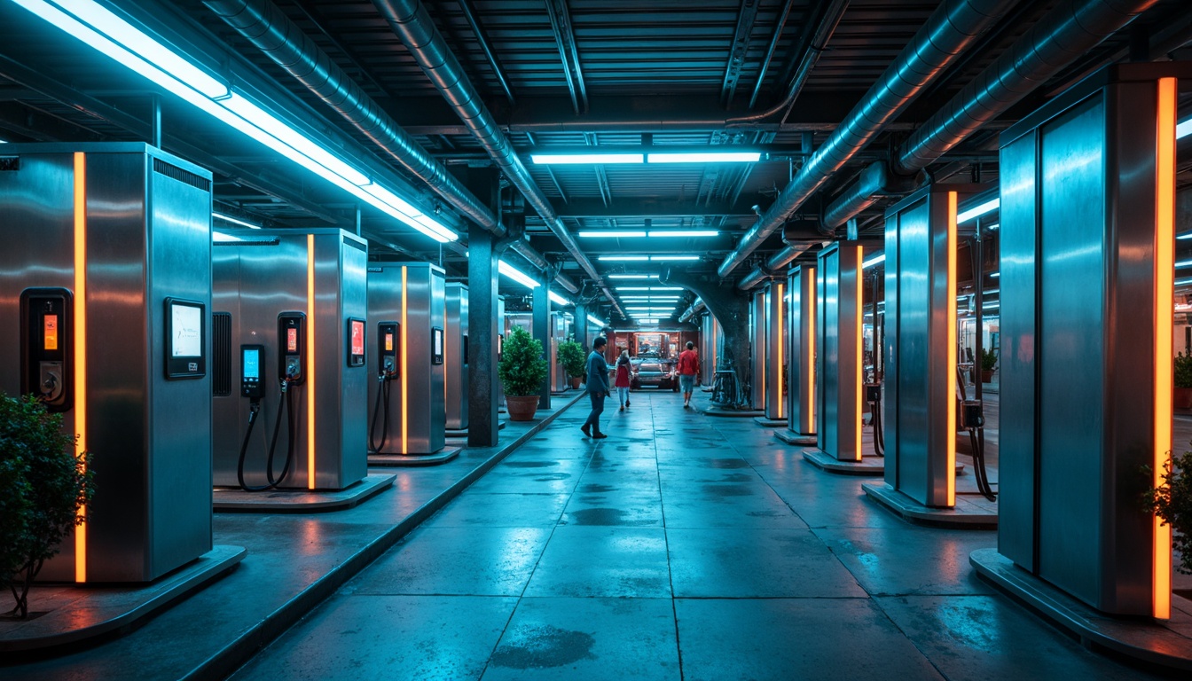 Prompt: Futuristic charging station, metallic surfaces, neon-lit accents, dynamic LED lights, sleek angular lines, modern minimalist design, urban cityscape, concrete pavement, steel beams, industrial chic aesthetic, distressed metal textures, glossy paint finishes, vibrant electric blue hues, warm ambient lighting, shallow depth of field, 3/4 composition, panoramic view, realistic reflections, ambient occlusion.