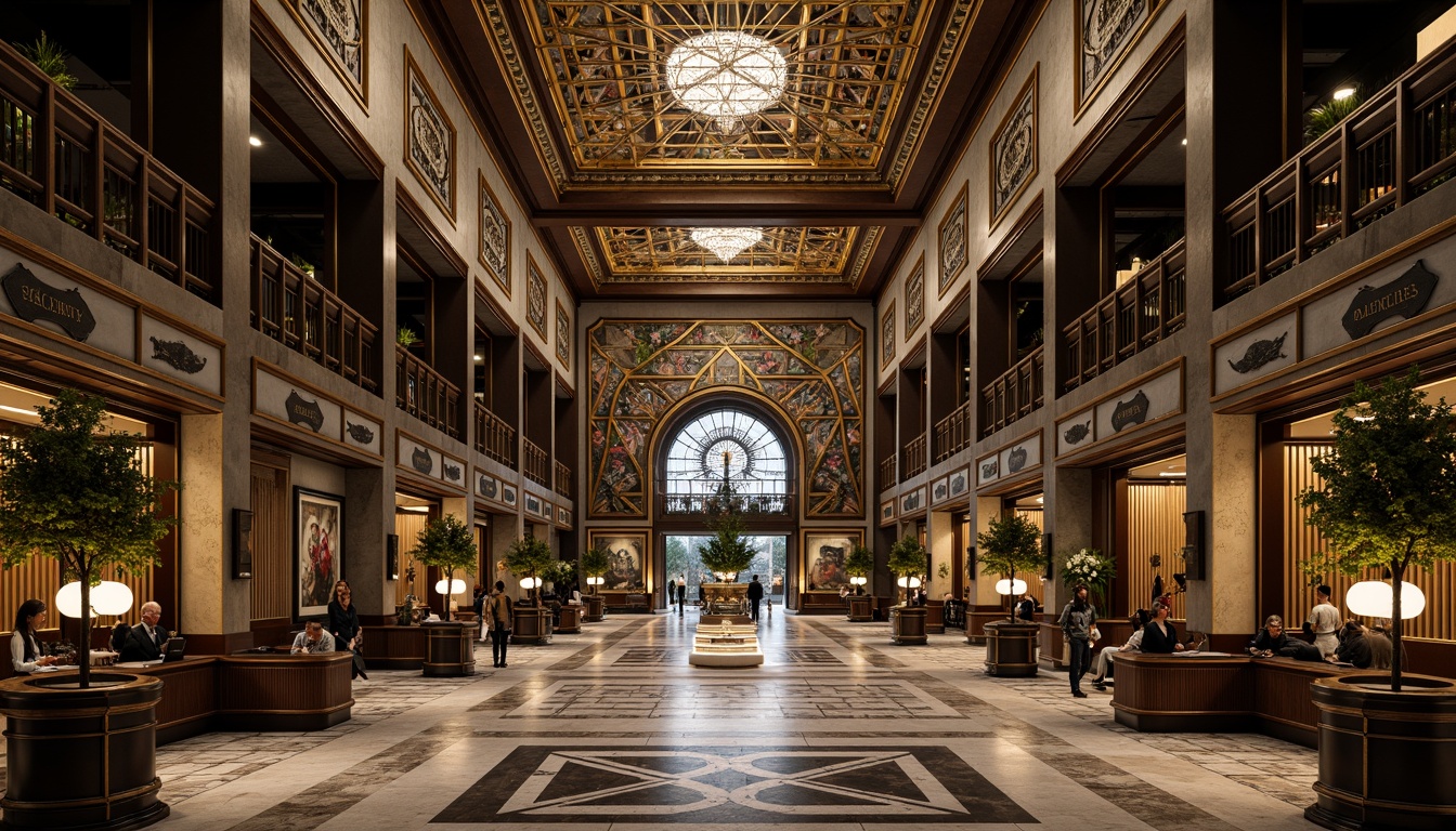 Prompt: Intricate geometric patterns, ornate metalwork, luxurious marble surfaces, grandiose statues, symmetrical compositions, opulent chandeliers, lavish mosaics, bold typography, stylized florals, zigzag motifs, chevron designs, sunburst patterns, metallic accents, polished chrome details, rich jewel tones, dramatic lighting effects, low-angle photography, cinematic atmosphere, high-contrast rendering, detailed textures, realistic reflections.