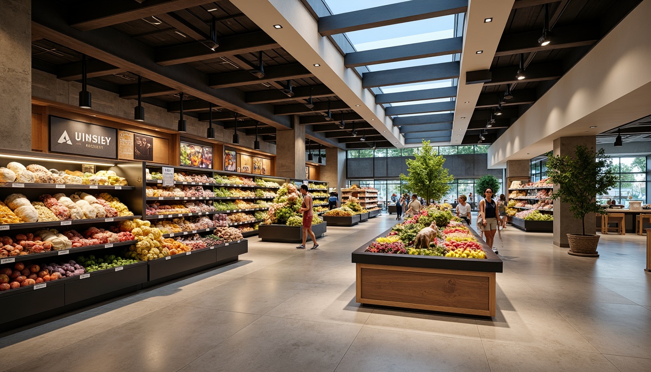 Prompt: Modern grocery store interior, sleek shelving units, fresh produce displays, ambient LED lighting, warm color temperatures, energy-efficient solutions, suspended ceiling fixtures, recessed lighting, aisle navigation signs, polished concrete floors, minimalist decor, natural stone accents, abundant natural light, skylights, clerestory windows, softbox lighting, 1/1 composition, realistic reflections, subtle shadows.