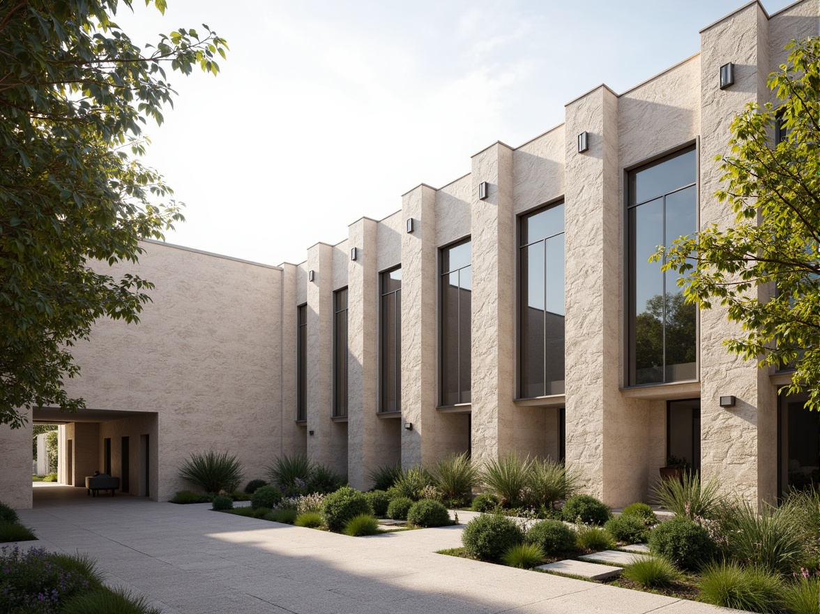 Prompt: Streamlined monastery facade, minimalist stone walls, subtle arches, clean lines, modernist influences, neutral color palette, natural stone textures, steel window frames, minimalist door handles, serene courtyard, lush greenery, peaceful atmosphere, soft warm lighting, shallow depth of field, 3/4 composition, panoramic view, realistic textures, ambient occlusion.