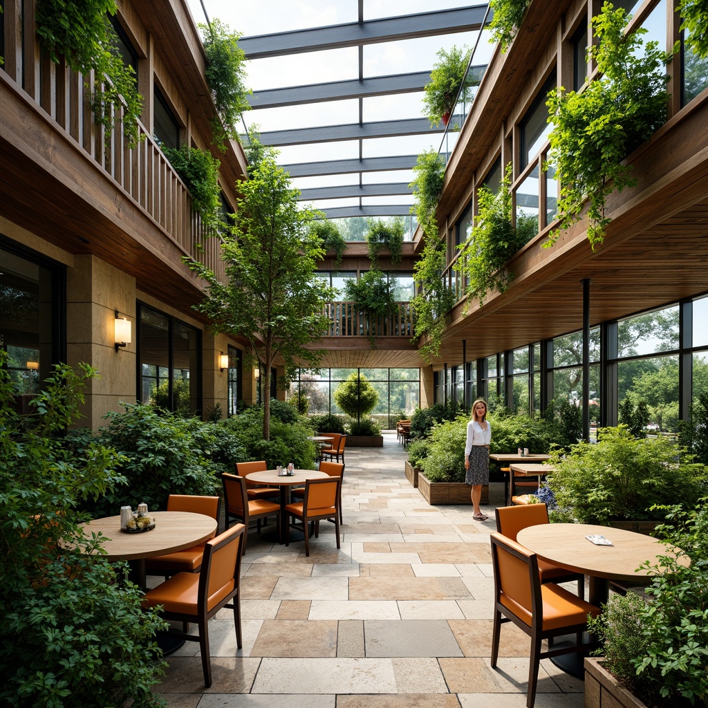 Prompt: Eco-friendly restaurant, lush green walls, living roofs, solar panels, rainwater harvesting systems, recycled materials, natural stone flooring, reclaimed wood accents, energy-efficient lighting, large windows, minimal waste design, composting facilities, organic gardens, vertical farming, urban agriculture, vibrant colorful textiles, earthy tone color scheme, warm cozy ambiance, soft natural lighting, shallow depth of field, 3/4 composition, realistic textures, ambient occlusion.