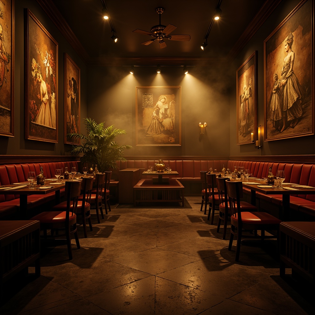 Prompt: Moody restaurant interior, warm golden lighting, soft shadows, dramatic spotlights, rich wood accents, luxurious velvet fabrics, ornate metal fixtures, eclectic art pieces, vintage decorative items, distressed textures, atmospheric mist, cinematic color grading, high contrast ratio, 1/2 composition, shallow depth of field, warm color temperature, intimate ambiance.