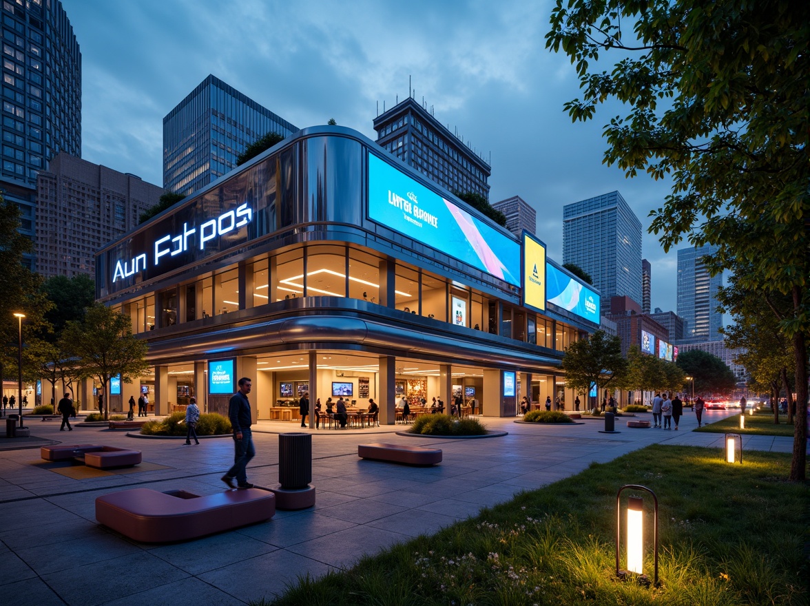 Prompt: Futuristic pub building, neon lights, metallic exterior, curved lines, holographic advertisements, urban cityscape, bustling streets, pedestrian walkways, modern streetlights, sleek benches, futuristic trash cans, vibrant greenery, glowing trees, misty atmosphere, shallow depth of field, 1/1 composition, panoramic view, realistic textures, ambient occlusion.