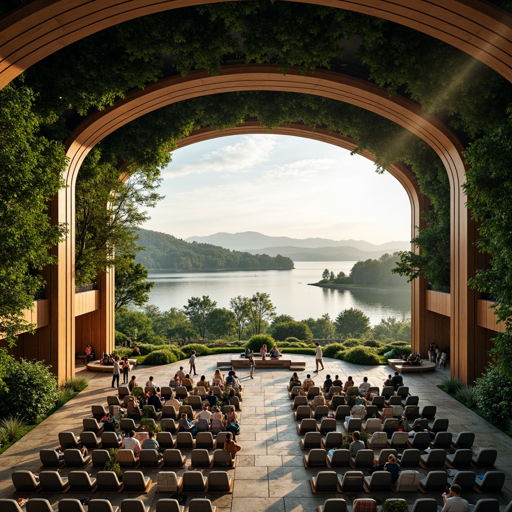 Prompt: Grand auditorium, sweeping curves, lush green walls, natural stone flooring, wooden accents, floor-to-ceiling windows, panoramic views, rolling hills, serene lakeside, misty morning, soft warm lighting, shallow depth of field, 3/4 composition, realistic textures, ambient occlusion, integrated landscape design, organic architecture, harmonious coexistence, nature-inspired patterns, vibrant colorful textiles, intricate geometric motifs.