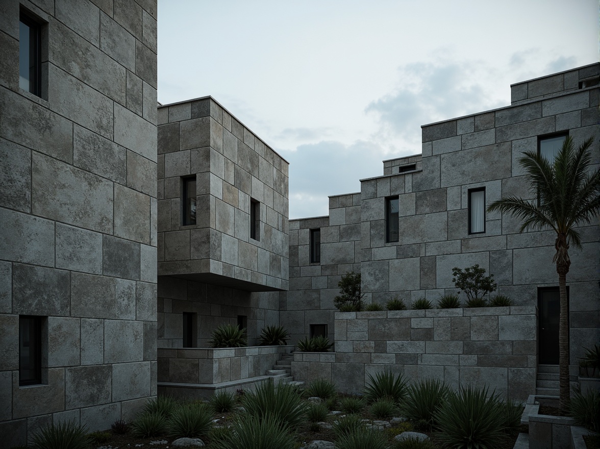 Prompt: Rough-hewn concrete walls, rugged stone textures, brutalist architecture, fortress-like structures, imposing fa\u00e7ades, geometric shapes, raw industrial materials, distressed finishes, urban landscapes, overcast skies, dramatic shadows, high-contrast lighting, cinematic composition, gritty realistic renderings, atmospheric misting effects.