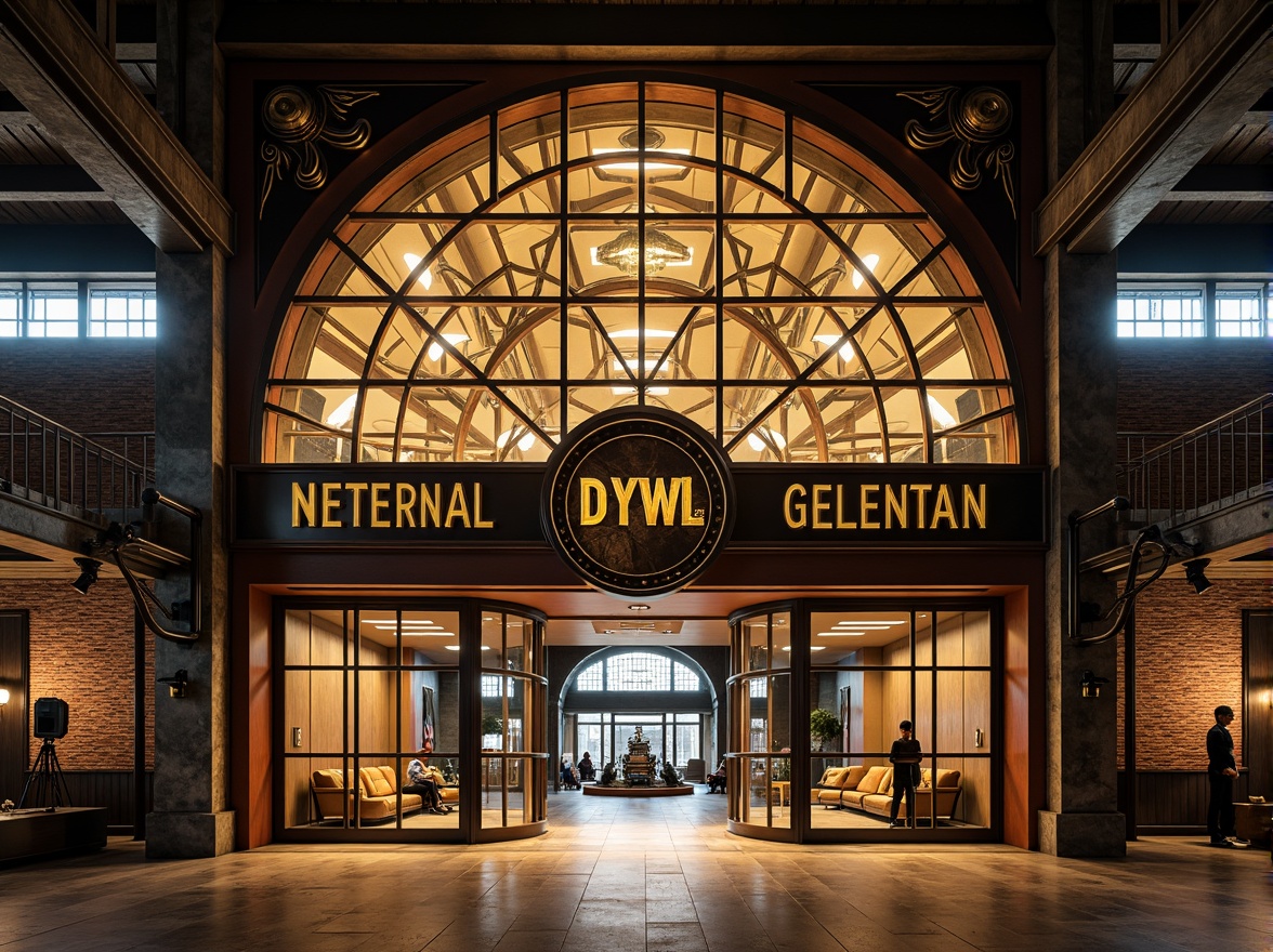 Prompt: Geometric factory facade, Art Deco patterns, metallic materials, industrial chic, ornate decorations, symmetrical composition, bold typography, vintage machinery, exposed brick walls, steel beams, polished concrete floors, grand entrance gates, dramatic spotlights, warm golden lighting, low-angle shot, 1/2 composition, realistic reflections, ambient occlusion.