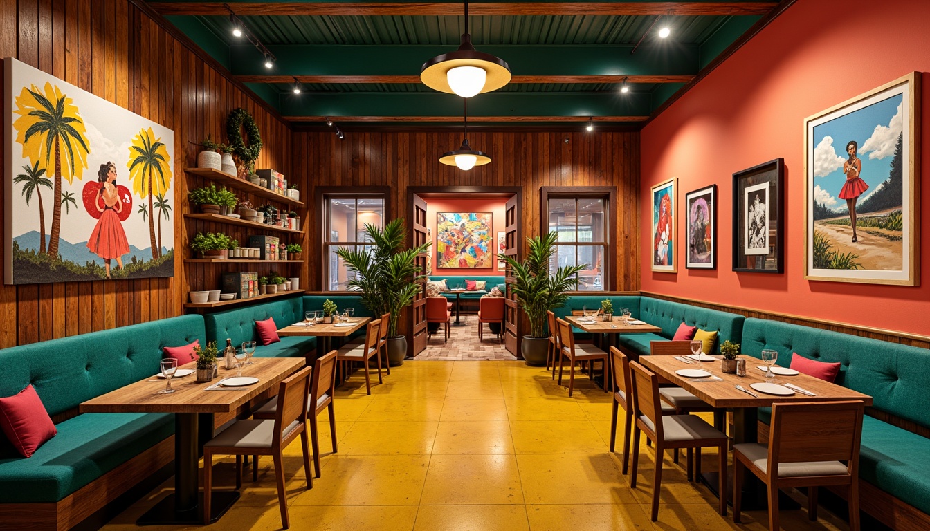 Prompt: Vibrant restaurant interior, expressionist art style, bold color palette, warm golden lighting, rich wood accents, eclectic furniture, abstract artwork, geometric patterns, bright coral walls, deep turquoise ceilings, sunny yellow floors, distressed metal decorations, reclaimed wood textures, industrial chic atmosphere, dramatic shadows, high contrast ratio, 1/2 composition, cinematic lighting, realistic reflections.