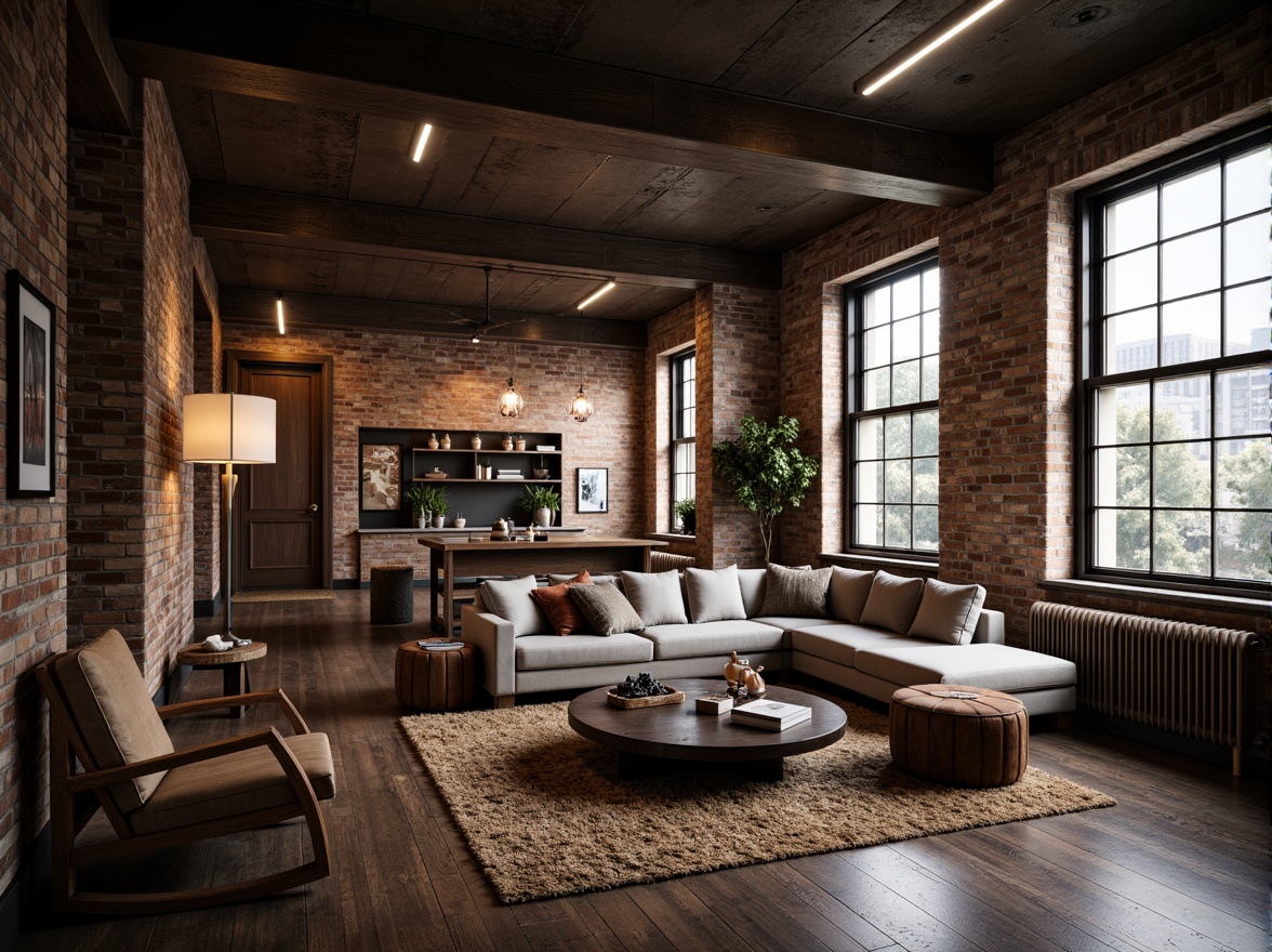 Prompt: Exposed brick walls, industrial metal beams, reclaimed wood accents, minimalist decor, urban loft atmosphere, soft warm glow, pendant lamps, floor-to-ceiling windows, natural light pouring in, cozy reading nooks, comfortable sectional sofas, modern art pieces, eclectic vintage furniture, distressed leather armchairs, rich textiles, moody color palette, dramatic shadows, high contrast lighting, 1/1 composition, cinematic mood, realistic renderings.