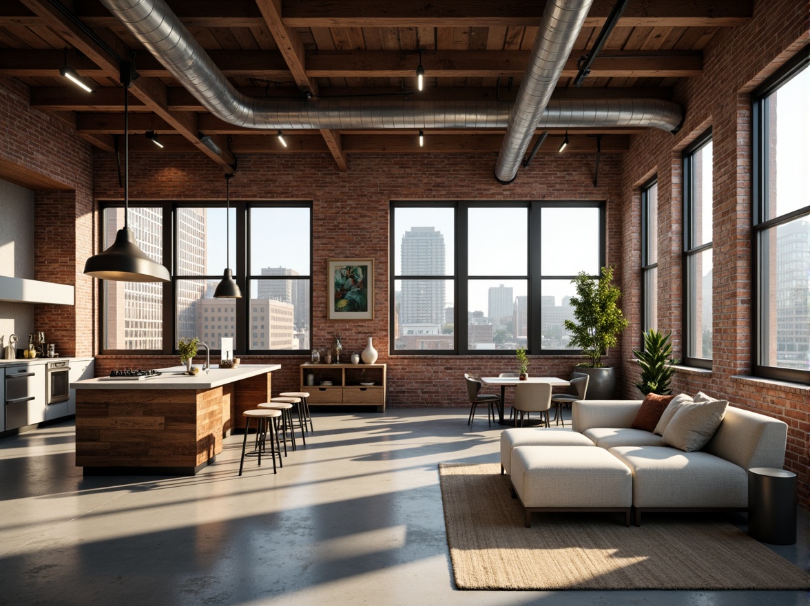 Prompt: Industrial chic loft, exposed brick walls, polished concrete floors, minimalist decor, open floor plan, high ceilings, large windows, natural light, urban views, metal beams, reclaimed wood accents, modern kitchen island, stainless steel appliances, sleek cabinetry, spacious living area, comfortable sectional sofa, industrial-style lighting fixtures, abstract artwork, urban landscape views, warm afternoon sunlight, shallow depth of field, 1/1 composition, realistic textures, ambient occlusion.