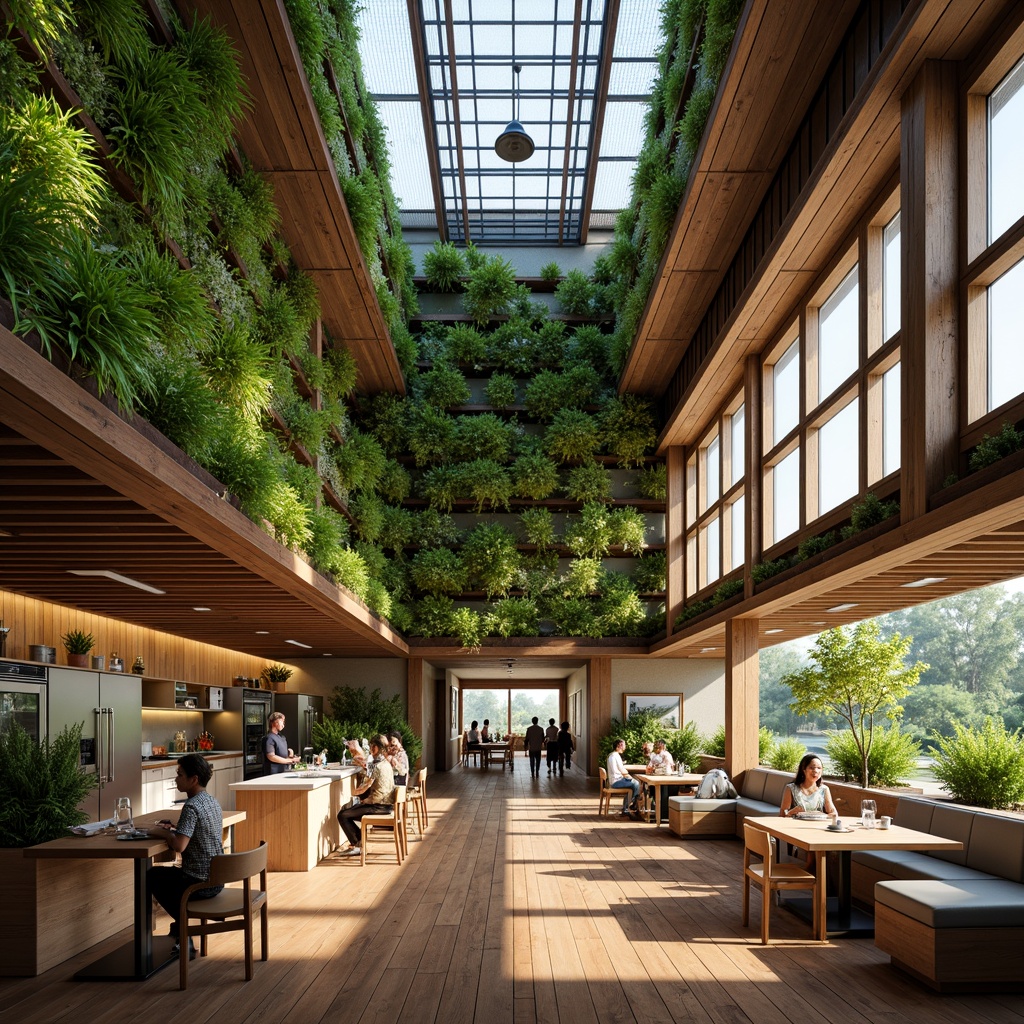 Prompt: Vibrant green walls, living roofs, recycled wood accents, bamboo flooring, energy-efficient lighting, solar panels, rainwater harvesting systems, organic gardens, composting facilities, natural ventilation systems, reclaimed metal beams, low-VOC paints, FSC-certified furniture, eco-friendly upholstery, minimalist decor, open kitchen layout, communal dining areas, abundant natural light, warm earthy tones, soft ambient lighting, shallow depth of field, 3/4 composition, realistic textures, ambient occlusion.