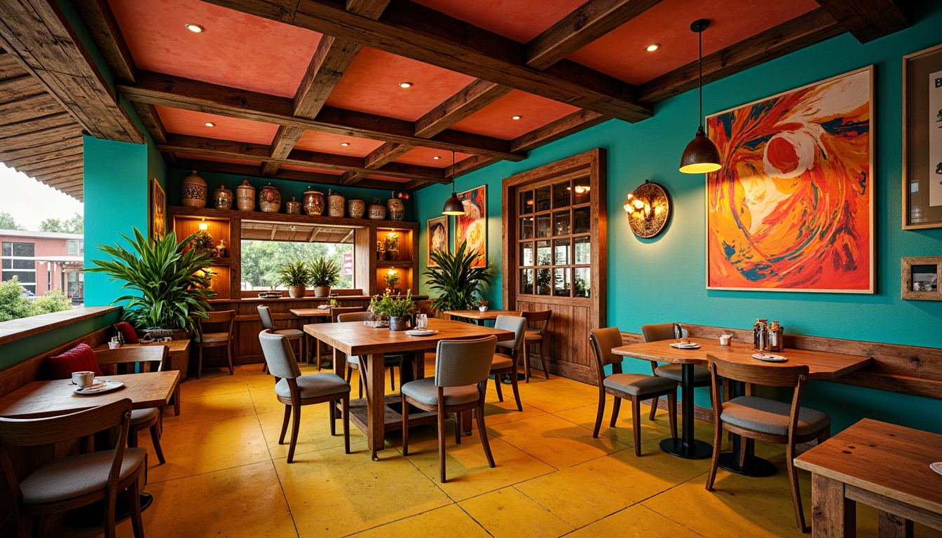 Prompt: Vibrant restaurant interior, expressionist art style, bold color palette, warm golden lighting, rich wood accents, eclectic furniture, abstract artwork, geometric patterns, bright coral walls, deep turquoise ceilings, sunny yellow floors, distressed metal decorations, reclaimed wood textures, industrial chic atmosphere, dramatic shadows, high contrast ratio, 1/2 composition, cinematic lighting, realistic reflections.