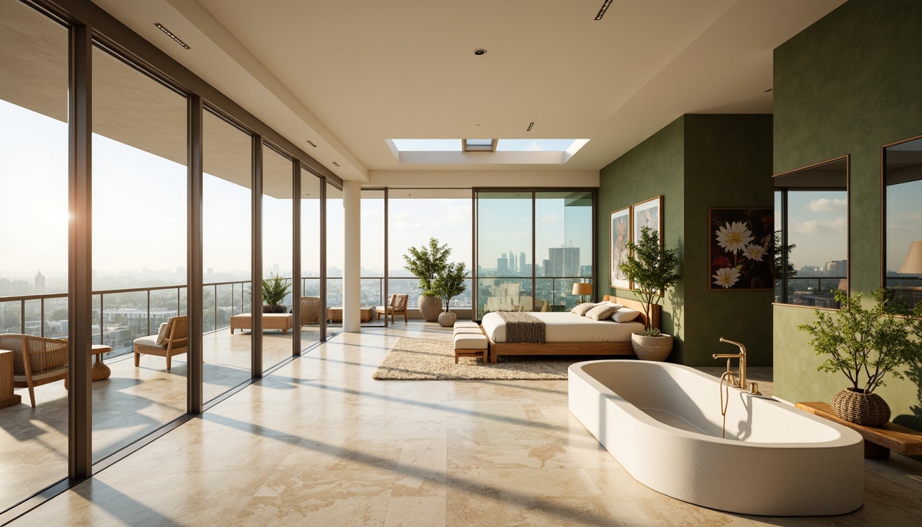 Prompt: Luxurious penthouse, floor-to-ceiling windows, sliding glass doors, panoramic city views, modern minimalist interior, sleek lines, polished marble floors, reflective surfaces, open-plan living area, spacious master bedroom, walk-in closet, freestanding tub, double-height ceiling, clerestory windows, skylights, solar tubes, LED lighting, warm beige tones, creamy whites, natural textiles, green walls, lush indoor plants, morning sunlight, soft warm glow, shallow depth of field, 1/1 composition, realistic rendering.