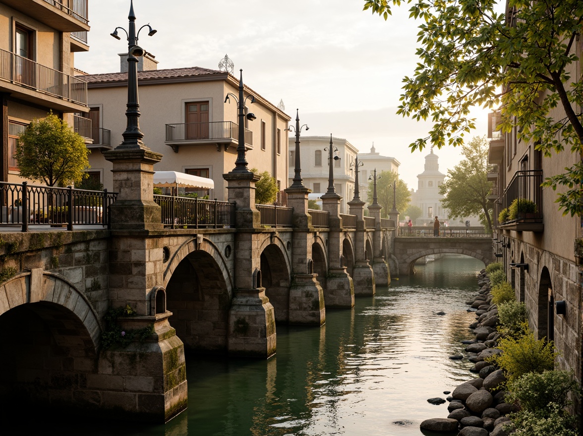 Prompt: Ancient stone bridges, ornate balustrades, rustic arches, weathered stonework, moss-covered piers, gentle water flow, serene riverbanks, lush greenery, vibrant flowers, historic cityscape, warm golden lighting, soft misty atmosphere, shallow depth of field, 3/4 composition, symmetrical architecture, classical ornamental details, intricate carvings, ornate lamp posts, rustic metal railings.