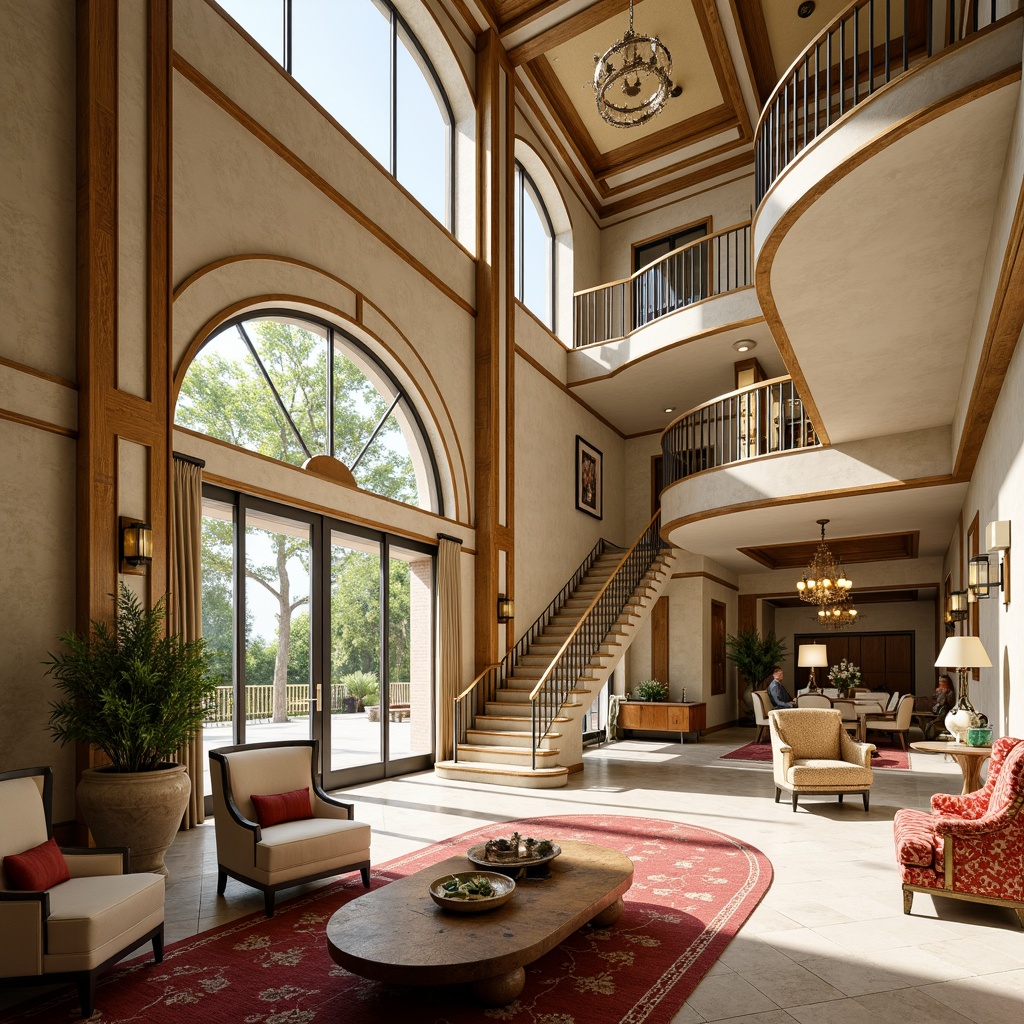 Prompt: Art Deco mansion, ornate metalwork, geometric patterns, luxurious furnishings, high ceilings, large windows, sliding glass doors, sunlit rooms, bright airy atmosphere, natural light pouring in, warm beige tones, creamy whites, rich wood accents, metallic finishes, lavish chandeliers, grand staircases, opulent textiles, vibrant colors, 1/1 composition, softbox lighting, shallow depth of field, realistic reflections.