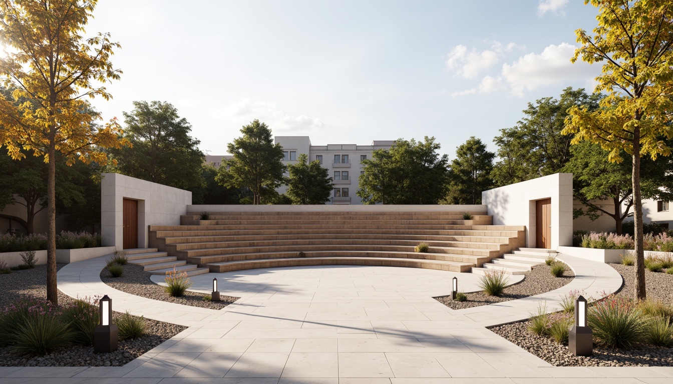 Prompt: Minimalist amphitheater, natural stone seating, sleek metal railings, polished concrete floors, simple wooden benches, subtle LED lighting, open sky above, warm sunny day, soft shadows, shallow depth of field, 3/4 composition, panoramic view, realistic textures, ambient occlusion, weathered steel accents, industrial-style lamps, geometric-shaped planters, sparse greenery, gravel pathways, modern minimalist architecture, clean lines, monochromatic color scheme.