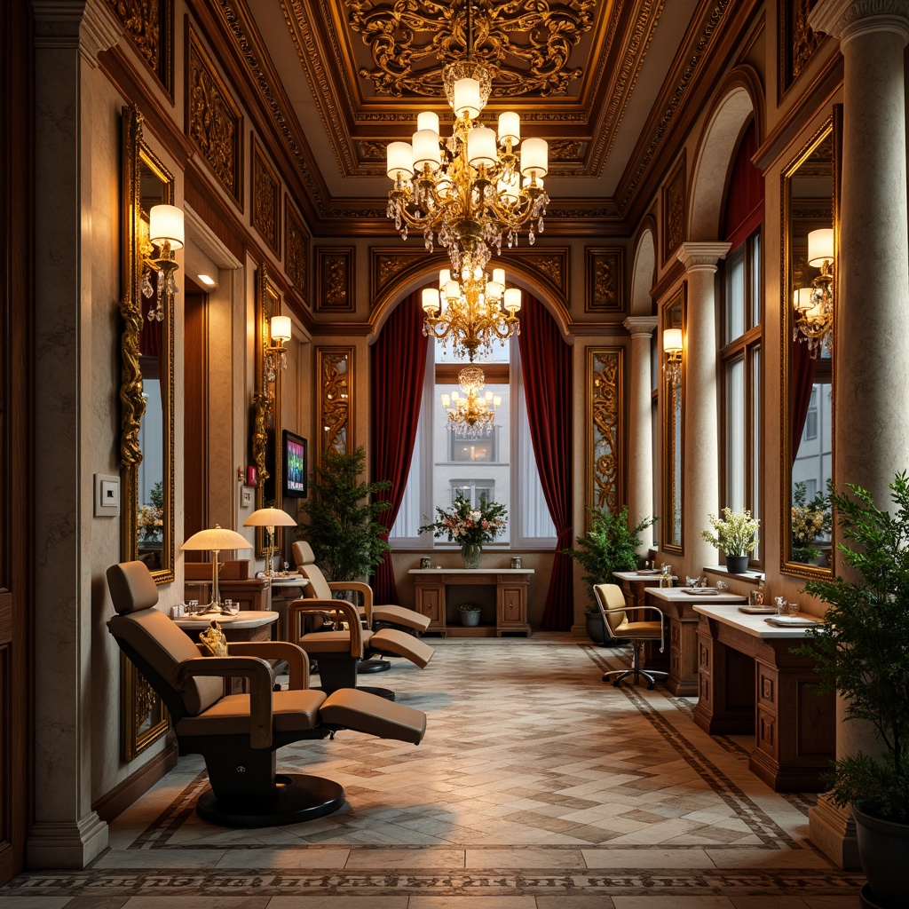 Prompt: Opulent dental clinic, grandiose chandeliers, intricately carved wooden panels, ornate gilded mirrors, lavish velvet drapes, richly patterned marble floors, majestic stone columns, sweeping archways, dramatic high ceilings, warm golden lighting, soft focus blur, 1/2 composition, intimate atmosphere, realistic textures, ambient occlusion.