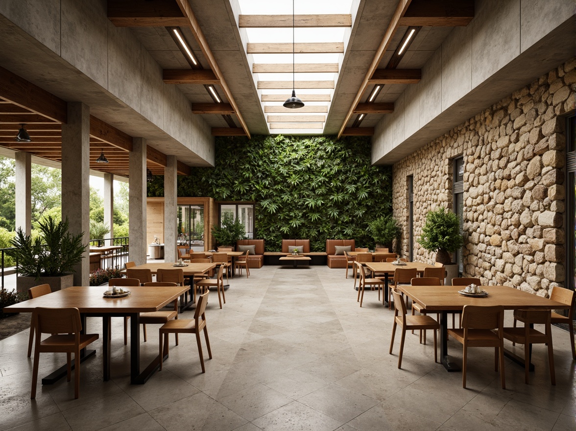 Prompt: Earth-toned restaurant interior, natural stone walls, exposed concrete ceilings, reclaimed wood accents, living green walls, thermal mass materials, passive heating and cooling systems, large south-facing windows, clerestory windows, skylights, warm earthy color palette, rustic-chic decor, industrial-style lighting fixtures, minimalist furniture design, eco-friendly upholstery, abundant natural light, soft diffused lighting, shallow depth of field, 1/1 composition, realistic textures, ambient occlusion.