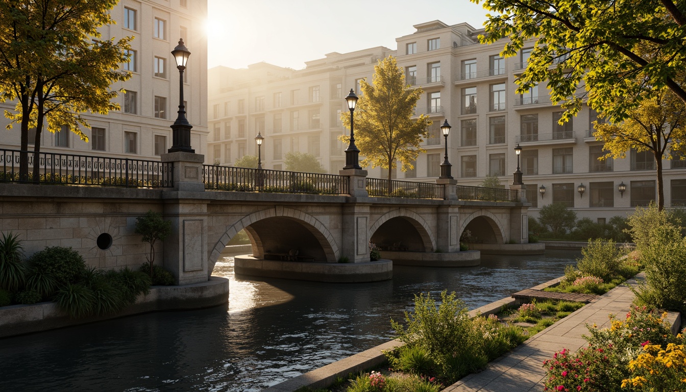 Prompt: Ancient stone bridges, ornate balustrades, rustic arches, weathered stonework, moss-covered piers, gentle water flow, serene riverbanks, lush greenery, vibrant flowers, historic cityscape, warm golden lighting, soft misty atmosphere, shallow depth of field, 3/4 composition, symmetrical architecture, classical ornamental details, intricate carvings, ornate lamp posts, rustic metal railings.