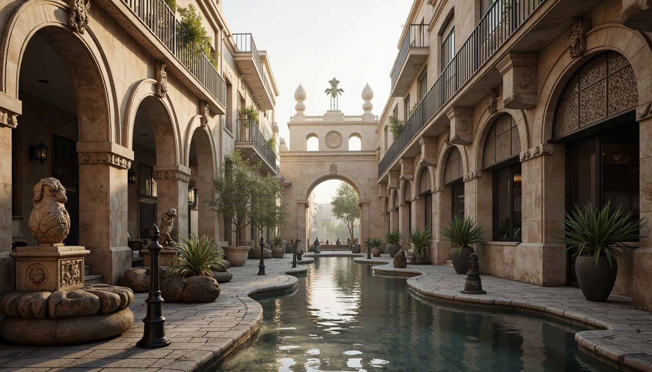 Prompt: Intricate stone carvings, ornate balustrades, grand arches, rustic stonework, weathered statues, mythological creatures, floral patterns, curved railings, decorative lamp posts, cobblestone roads, serene water reflections, soft warm lighting, misty morning atmosphere, 1/2 composition, symmetrical framing, realistic textures, ambient occlusion.