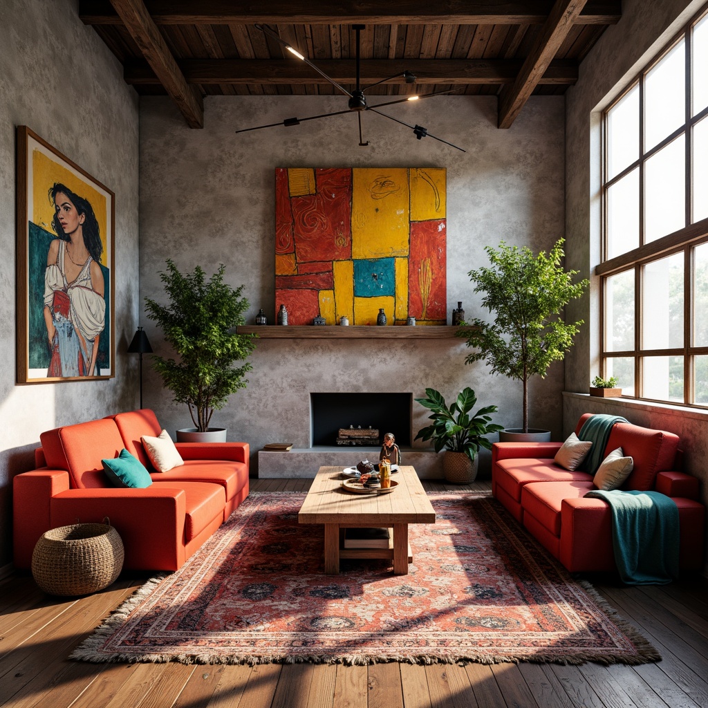 Prompt: Vibrant artistic studio, eclectic furniture, bold color blocking, contrasting textures, abstract artwork, statement lighting fixtures, industrial metal accents, reclaimed wood floors, bohemian-inspired rugs, natural stone walls, oversized windows, soft warm glow, shallow depth of field, 1/1 composition, realistic renderings, ambient occlusion.