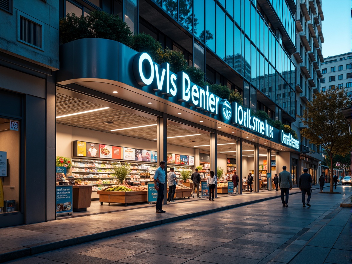 Prompt: Futuristic grocery store facade, high-tech metallic materials, neon LED lights, sleek glass surfaces, angular lines, minimalist design, automated sliding doors, digital signage, interactive displays, futuristic typography, vibrant color schemes, urban cityscape, busy street scene, morning sunlight, shallow depth of field, 1/1 composition, realistic reflections, ambient occlusion.