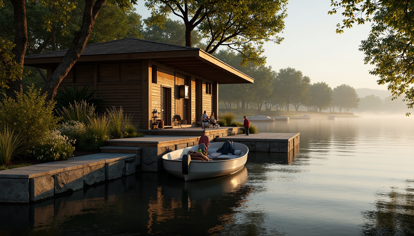 Prompt: Rustic boathouse, wooden dock, serene lakefront, lush greenery, overhanging trees, natural stone walls, weathered wood accents, nautical ropes, lantern-style lighting, warm golden tones, soft misty atmosphere, shallow depth of field, 1/1 composition, symmetrical framing, realistic water reflections, ambient occlusion.