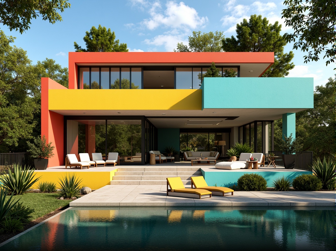 Prompt: Vibrant Bauhaus villa, geometric shapes, bold color blocks, primary colors, industrial materials, exposed concrete walls, steel beams, minimalist decor, functional furniture, abundant natural light, floor-to-ceiling windows, sliding glass doors, lush greenery surroundings, modernist landscape design, warm sunny day, high contrast lighting, shallow depth of field, 1/1 composition, realistic textures, ambient occlusion.