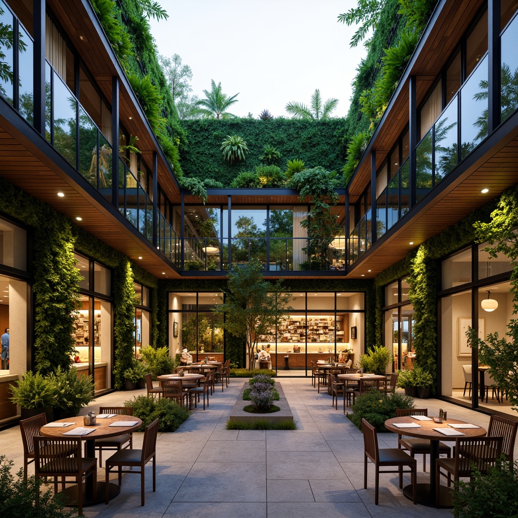 Prompt: Vibrant restaurant courtyard, lush green walls, living roofs, natural stone flooring, reclaimed wood accents, modern minimalist architecture, floor-to-ceiling windows, sliding glass doors, tropical plants, water features, outdoor seating areas, warm ambient lighting, shallow depth of field, 3/4 composition, panoramic view, realistic textures, ambient occlusion, serene atmosphere, eco-friendly materials, sustainable design elements, organic food displays, natural ventilation systems, energy-efficient appliances.