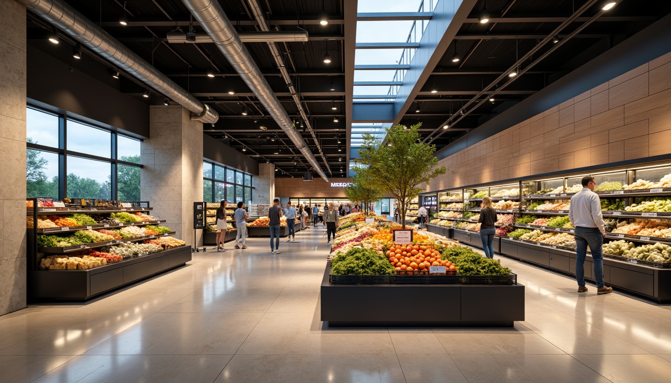 Prompt: Modern grocery store interior, sleek shelving units, fresh produce displays, ambient LED lighting, warm color temperatures, energy-efficient solutions, suspended ceiling fixtures, recessed lighting, aisle navigation signs, polished concrete floors, minimalist decor, natural stone accents, abundant natural light, skylights, clerestory windows, softbox lighting, 1/1 composition, realistic reflections, subtle shadows.